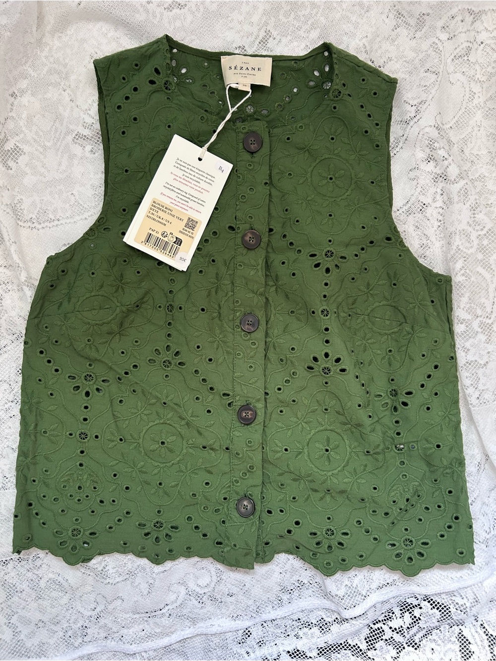 Sézane Roni blouse top green Eyelet Button down